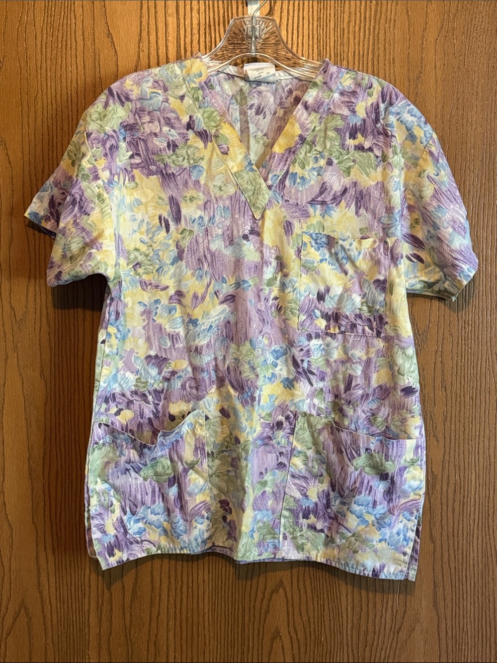 Peaches Uniforms Lavender and Pale Yellow Floral V-Neck Scrub Top